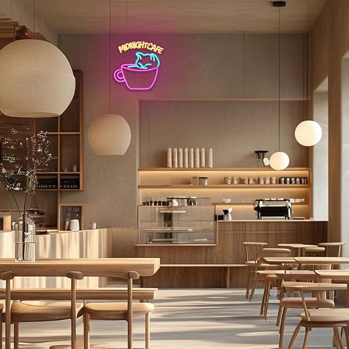 Coffee Neon Sign for Wall Decor Cat Neon Light Midnight Cafe Led Neon Signs Colorful LED Neon Lights for Coffee Shop Dessert Shop Bakery Cafe Dcoration