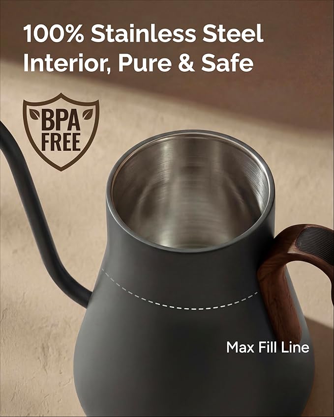 Gooseneck Electric Kettle with Precise ±1℉ Temperature Control, Wood-Accented Handle, Stainless Steel Interior, Quick Heating Pour Over Kettle for Coffee & Tea, 0.9L, Matte Grey