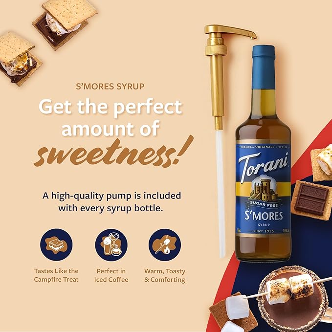 Torani Sugar Free Coffee Syrup, S’Mores Flavoring for Drinks, Zero Calorie, Glass Bottle with Pump Included, 25.4 Fl Oz