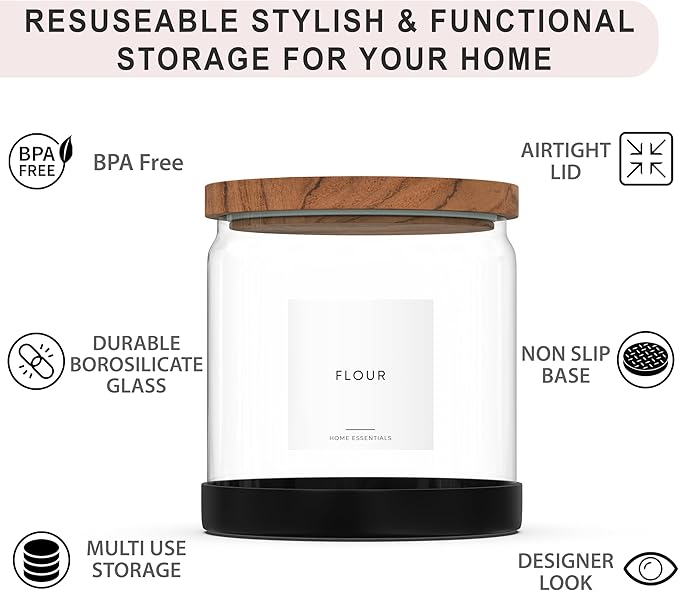 Glass Canister with Lid - Half Gallon Kitchen glass canisters with airtight lids Perfect for Pantry Storage, Flour Jar, Rice container, Cookie Jar, Coffee bean storage with 30 Labels & Non Slip Base