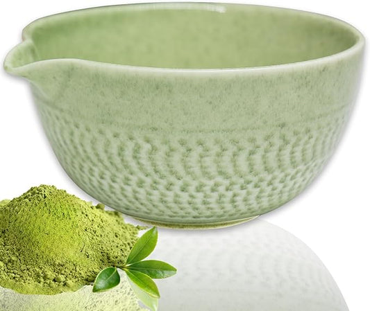 Matcha Bowl with Spout, Traditional Ceramic Matcha Tea Bowl Japanese Ceremonial Chawan for Whisking Mixing & Daily Use, 18oz/500ml Green