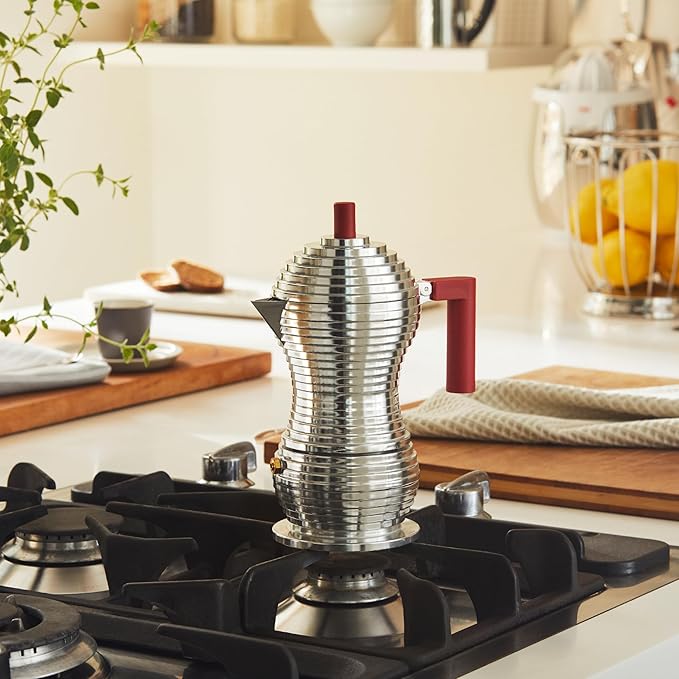 Alessi MDL02/3 R "Pulcina" Stove Top Espresso 3 Cup Coffee Maker in Aluminum Casting Handle And Knob in Pa, Red