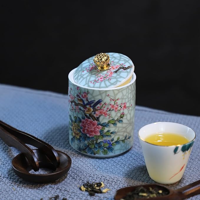 Enamel Ceramic Tea Caddy Tea Canister Tea Storage Container Tins Jar with Airtight Lid Water-proof Tank for Tea, Coffee, Herb, Sugar, Spice, Nuts