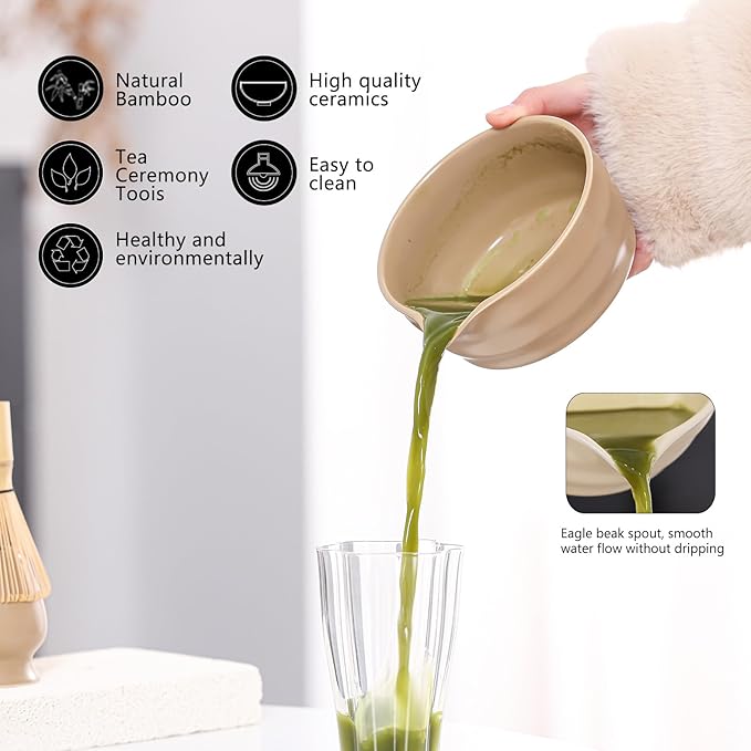 Matcha Tea Set – Traditional Japanese Ceremony Kit with 18.5OZ Ceramic Bowl, Bamboo Whisk, Scoop, and Holder – Ideal for Authentic Matcha Preparation and Gifting (Mocha Brown)