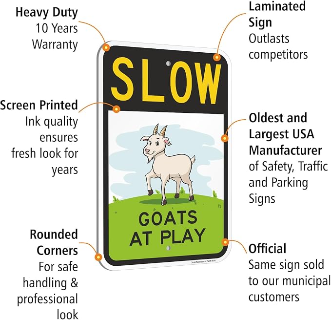 SmartSign Slow Goats At Play Funny Animal Sign - 12" x 18", 63 mil Laminated Rustproof Aluminum Metal, Pre-Drilled Holes, For Gift, Yard, Cafe, Room Decor, Outdoor, Made in USA - Image 4