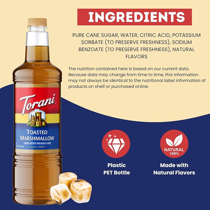 Torani Toasted Marshmallow Syrup 1 Liter Bottle with Pump Dispenser – Rich Coffee Flavoring Made with Pure Cane Sugar & Natural Flavors – Perfect for Lattes, Desserts & Beverages - Image 6