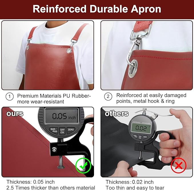 SHEOMERN Waterproof Rubber Aprons for Women, Heavy Duty Vinyl Dishwasher Apron Adjustable Cross Back Strap for Dishwasher, Butcher, Dog Grooming, Chemical Resistant, 43" Long Thicker Apron Red