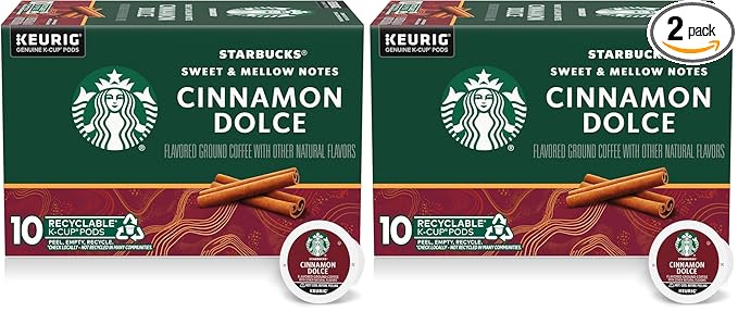 Starbucks K-Cup Coffee Pods, Cinnamon Dolce Flavored Coffee, Naturally Flavored, 100% Arabica, 1 box (10 pods) (Pack of 2)