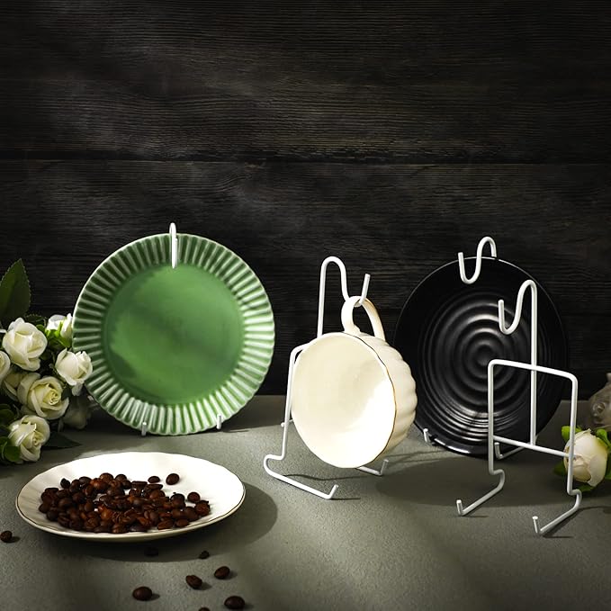 Vesici 8 Pcs Tea Cup and Saucer Display Stand Metal China Teacup Holder Rack Saucer Organizer Coffee Mug Hanger Stand Tray for Afternoon Tea Party Cabinet Counter Bar(6.22 x 2.44 Inch,White)