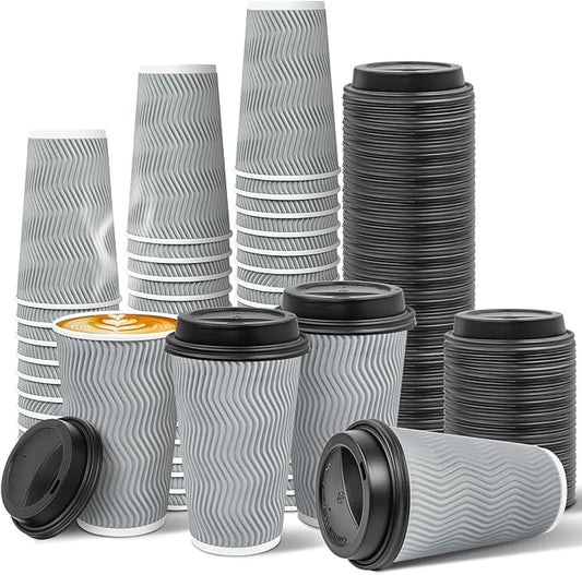 Ginkgo 100 Pack 16 oz Disposable Insulated Coffee Cups With Lids, Double-Walled Ripple To Go Paper Travel Cups for Hot Drinks - Gray
