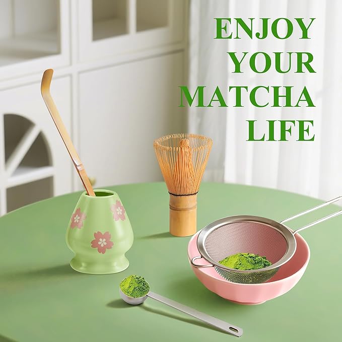 Matcha Whisk Set Matcha Making Kit Bamboo Chasen Ceramic Whisk Holder Stand Sifter Scoop Japanese Tea Tools (Green)