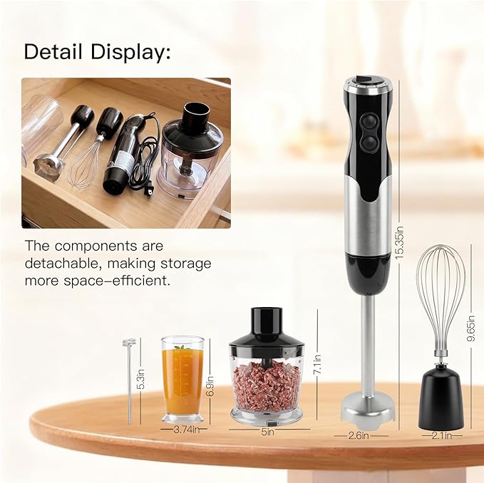 MEGAWISE HB-2062B 5-in-1 Hand Immersion Blender Set, 800W Powerful Stick Blender with Turbo Mode, Variable Speed Control, Stainless Steel Blade, Includes Whisk, Milk Frother, Chopper Bowl & Beaker