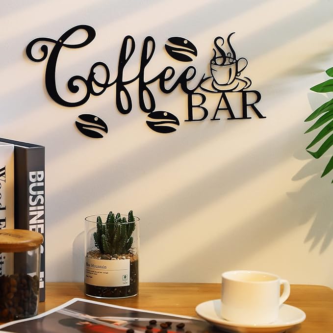 Coffee Bar Sign - Rustic Metal Hanging Decor for Home Office Kitchen (Coffee Bar and Bean Style)