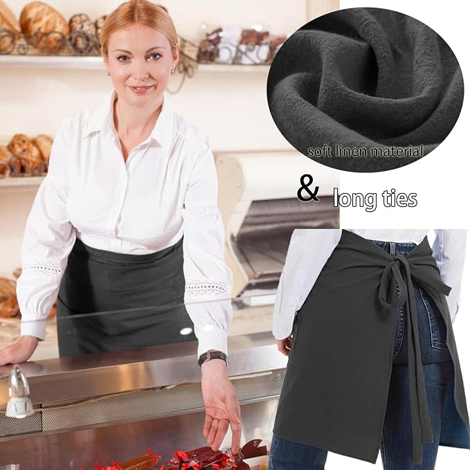 Cityelf Half Apron for Women Men Cotton Linen with 2 Large Pockets Waist Short Bistro Server Aprons Waiter Waitress Unisex - Image 3