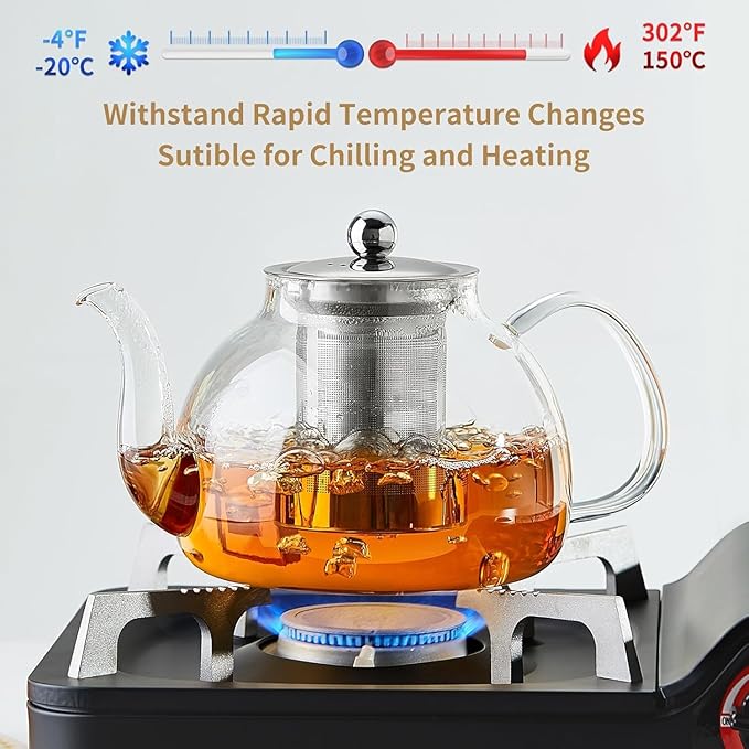 41OZ (1200ML) Glass Teapot with Infuser Stovetop Safe, Clear Glass Tea Pot Kettle, Borosilicate Tea Pot with Infusers Filter for Loose Tea, Tea Kettle Dishwasher Safe