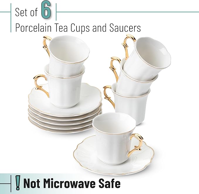 BTaT- Turkish Coffee Cup Set, 3 oz, 6 Pairs (12 pcs), Elegant White Cups & Saucers with Gold Trim & Gift Box, Small Porcelain Espresso Set for Serving Greek, Arabic & Turkish Coffee, Gift Giving