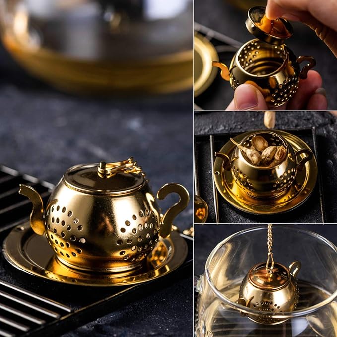 Loose Leaf Tea Infuser Ball Set of 4 Stainless Steel Tea Strainer with Chain and Drip Trays, Tea Filter for Mug and Cup (Gold)