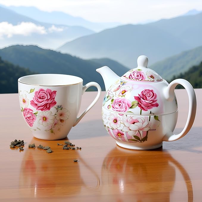 Lightahead Bone China Tea for One Set in Rose Design, in attractive Reusable Handmade Gift Box (With Ribbon)