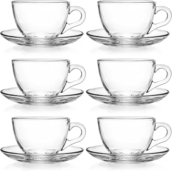 Tosnail 6 Pack 7-Ounce Glass Tea Cups and Saucers Sets Glass Coffee Mugs