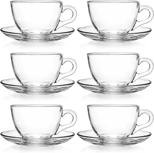 Tosnail 6 Pack 7-Ounce Glass Tea Cups and Saucers Sets Glass Coffee Mugs