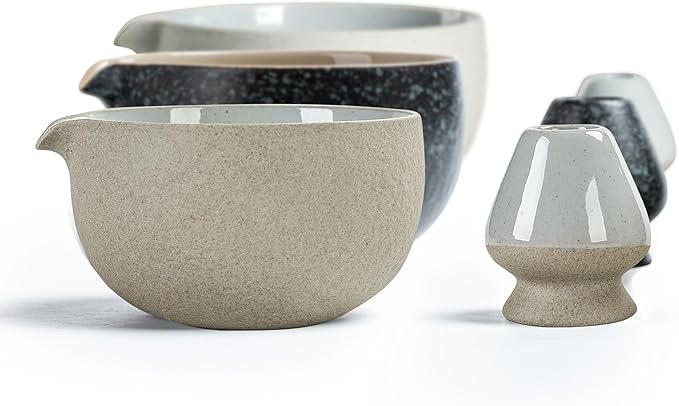 TEANAGOO 2 Pcs Matcha Bowl with Spout, Ceramic 18 OZ Matcha Bowl Set and Whisk Holder, Matcha Chawan, Grey Matcha Cup with Stand, Green Tea Mixing Bowl, Gift Set for Matcha Lover