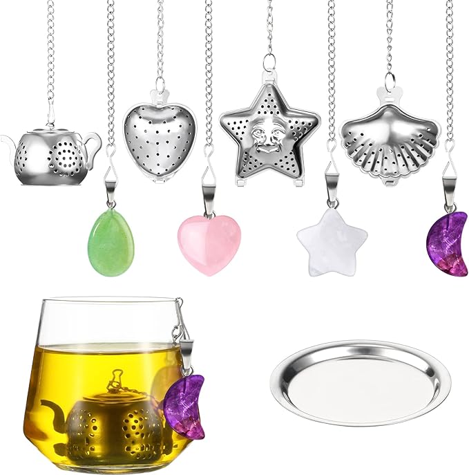Cunhill 4 Sets Loose Tea Infusers Stainless Steel Teaballs Cute Tea Strainers Steeper Filters with Crystal Stone Pendants and Drip Tray Teacups Accessories(Cute Style)