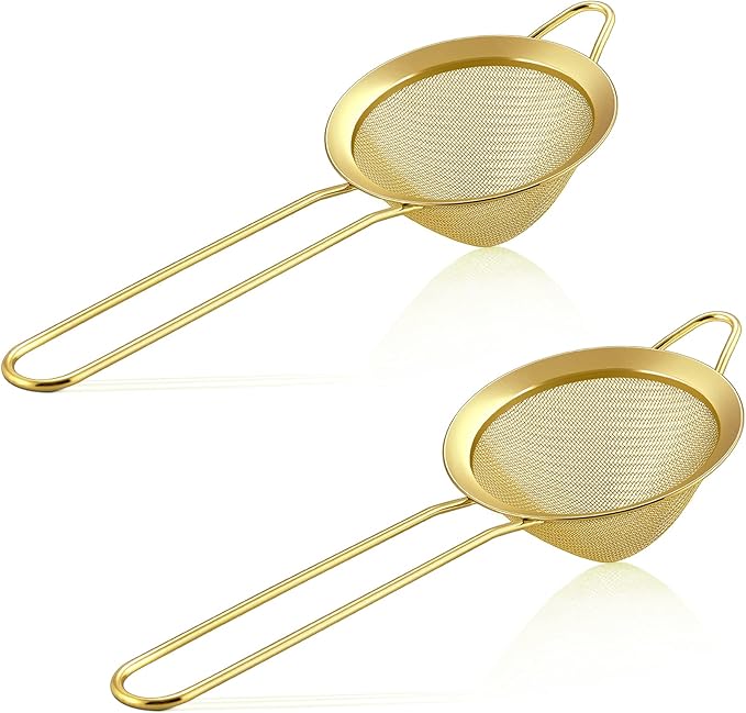 Fine Mesh Strainer Set of 2, E-far 3.3 Inches Stainless Steel Tea Strainer with Long Handle, Small Conical Mesh Strainers Sieve for Cocktail Coffee Food, Rust Proof & Easy to Clean(Gold)