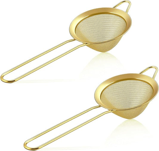 Fine Mesh Strainer Set of 2, E-far 3.3 Inches Stainless Steel Tea Strainer with Long Handle, Small Conical Mesh Strainers Sieve for Cocktail Coffee Food, Rust Proof & Easy to Clean(Gold)