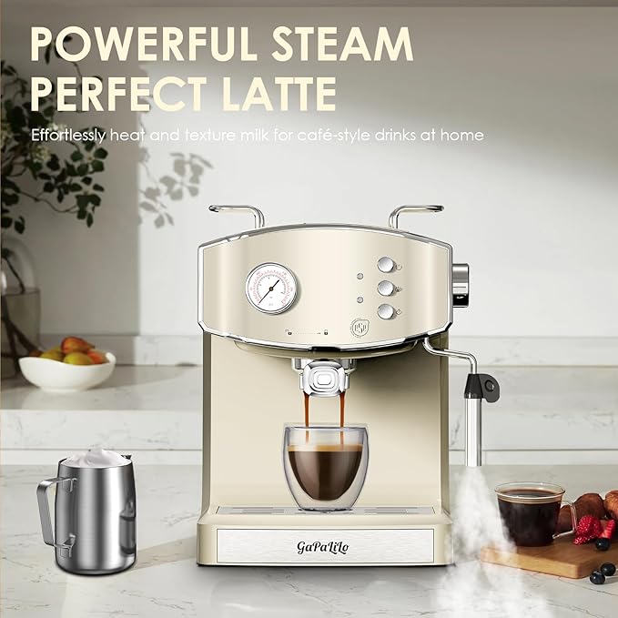 Retro-Style 20 Bar Espresso Machine with Milk Frother, ESE Pod Compatible Coffee Make with Pressure Gauge, 54 oz Food-Grade PP Removable Water Tank, Ideal for Home Barista,Beige