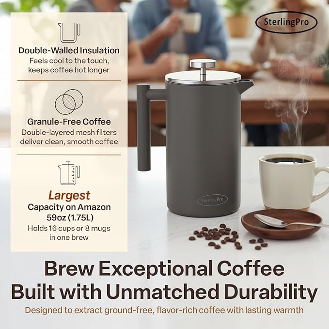 Stainless Steel French Press Coffee Maker 1.75 L (59 oz) Grey – Double Walled Insulated Extra Large French Press, Durable Design Keeps Drinks Hot, Easy to Use and Clean for Rich Flavor