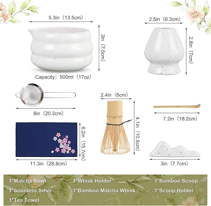 Mottled White Matcha Whisk Set, Ceramic Matcha Kit Set Gift Present Includes Matcha Bowl, Matcha Whisk and Holder, Bamboo Scoop, Scoop Rest, Sifter and Tea Towel - 7 Pcs Kit for Matcha Lovers