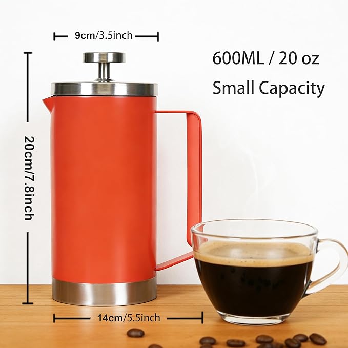 small French Press Coffee Maker 600ml, Double-Wall Insulated French Press Coffee Press Stainless Steel for travel camping, Silicone handle (2-4cup, 20 OZ) silver