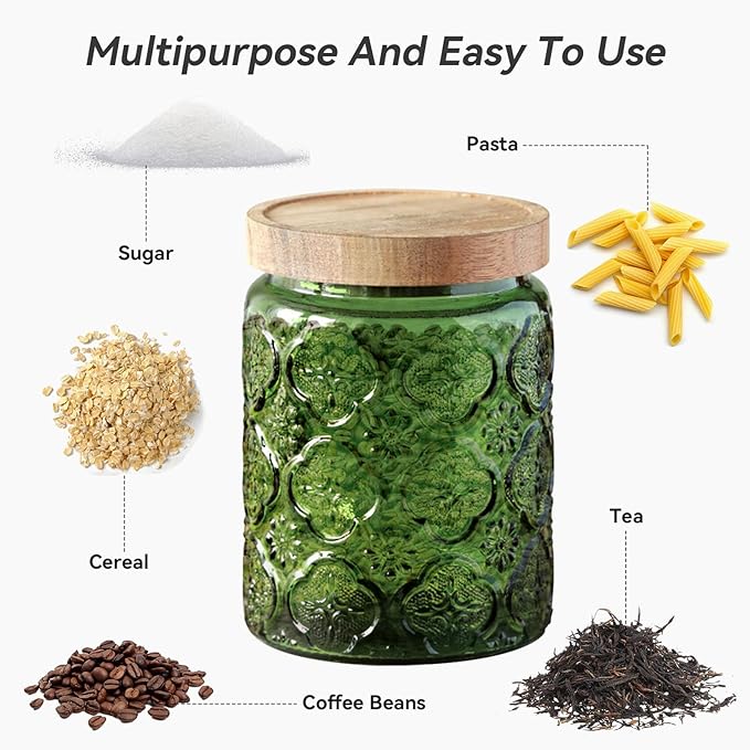 Glass Jar with Lid, Vintage Glass Storage Jars with Airtight Lid Coffee Canister Sugar Container for Kitchen Counter Pantry, Flour, Candy, Tea, Coffee Beans, Oats (Begonia Sunflower Green)