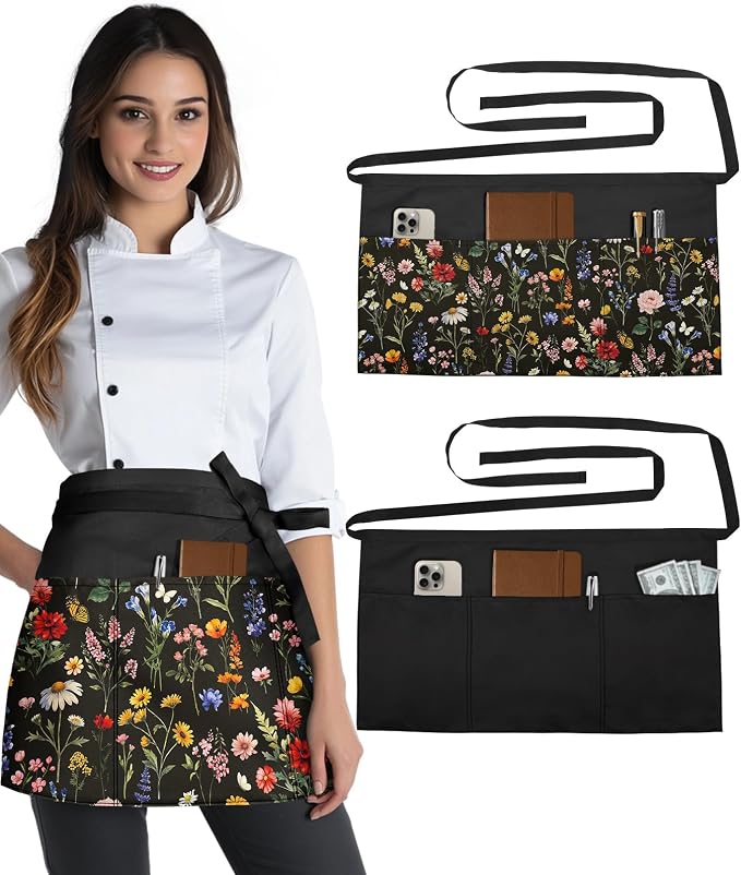 Slohif Reversible Server Apron 6 Pockets - Waist Apron for Waitress Women Half Serving Short Apron for Waiter by Slohif
