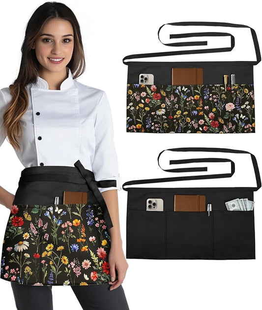 Slohif Reversible Server Apron 6 Pockets - Waist Apron for Waitress Women Half Serving Short Apron for Waiter by Slohif