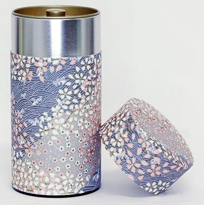 Washi Paper Tea Tin Canister: Long 7oz (200g) Cherry Blossoms - Dusk (#127), Japan