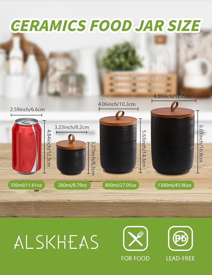 Ceramic Canister with Airtight Seal Lid, Kitchen Canisters for Countertop, Black Food Storage Jar for Flour, Coffee Bean, Sugar, Tea, Spices and More, Home Decor (260ml/8.79oz)