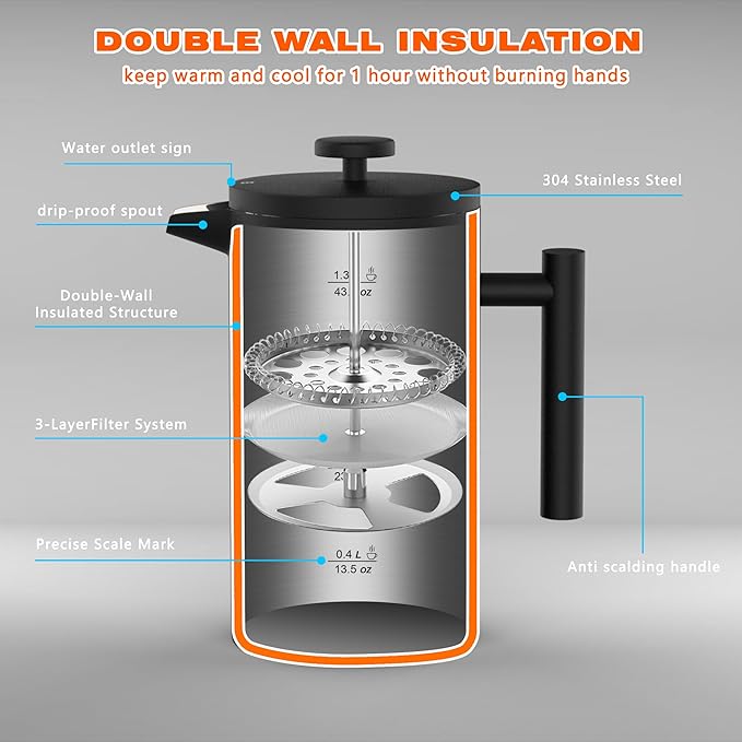 French Press Coffee Maker，50OZ Double Wall Vacuum Insulated 304 Stainless Steel for Home, Camping and Office