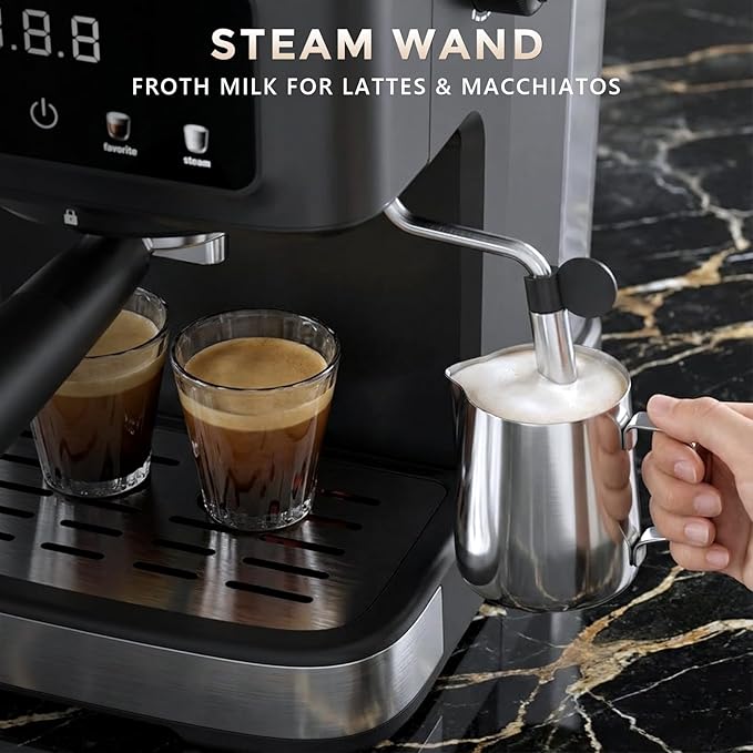 Espresso Machine with Milk Frother, Compact Coffee Maker for Home, Cappuccino & Latte, 15 Bar Pump, Dual Stainless Steel Filters, LED Touch Screen, Removable Water Tank & Drip Tray