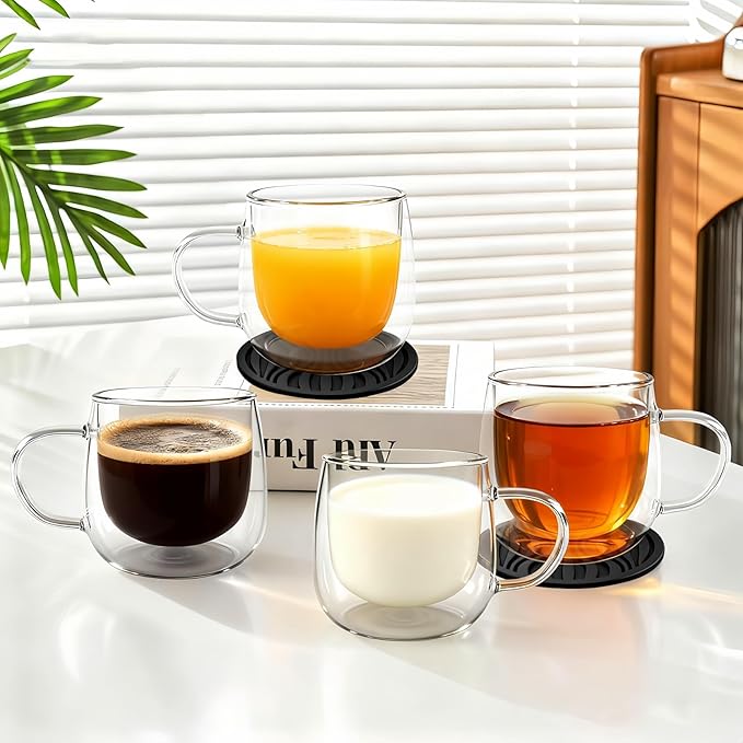Glass Coffee Mugs Set Of 4, 10oz Double Walled Insulated Glass Mugs with Handle and Coaster, Heat Resistant Borosilicate Clear Glass Cups for Espresso Latte Cappuccino, Tea Bag, Beverage