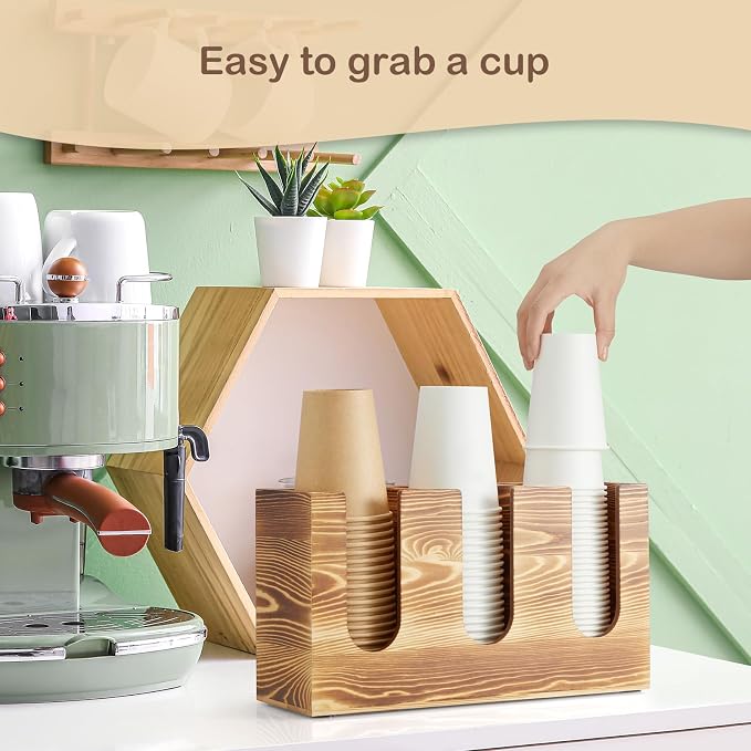 Wooden Coffee Cup and Lid Organizer for Countertop, 3 Compartments Cup Holder Dispenser, Fits 16–24 oz Disposable Cups, Coffee Bar Cup Organizer, Breakroom Kitchen Counter Cup Holder - Image 4
