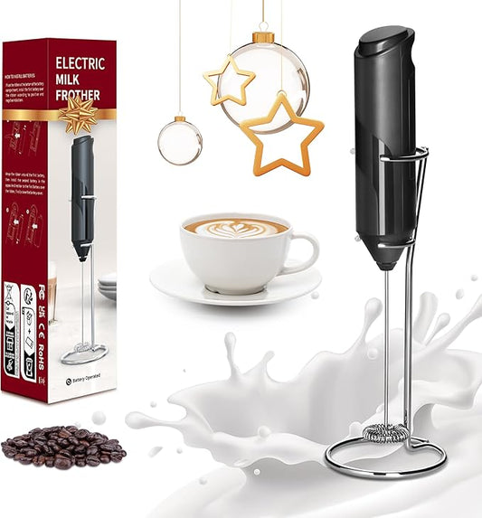 Simple Deluxe Milk Frother Handheld, Foam Maker with Stainless Steel Stand, Battery-Operated Whisk Gift for Coffee, Latte, Hot Chocolate, Black