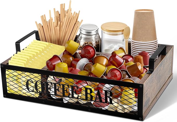 Yalikop Coffee Station Organizer for Countertop, All in One No Assembly Wood Coffee Creamer Bar Holder with Iron Mesh, Office Tea Bar Accessories Gift for New Home Birthday(Brown,Natural) by Yalikop