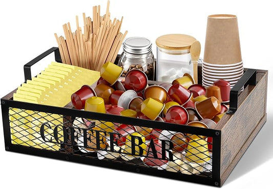 Yalikop Coffee Station Organizer for Countertop, All in One No Assembly Wood Coffee Creamer Bar Holder with Iron Mesh, Office Tea Bar Accessories Gift for New Home Birthday(Brown,Natural) by Yalikop