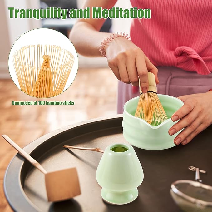 Matcha Whisk Set, 5 Pcs Matcha Set Whisk and Bowl with Spout, Matcha Whisk Holder, Matcha Spoon, Stainless Sifter, Perfect Matcha Kit for Matcha Lover (Green)