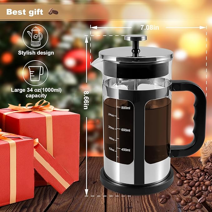 French Press Coffee Tea Maker, Upgrade Heat Cold Resistant Thickened Glass with 4 Level Stainless Steel Filtration System Brew Coffee & Tea, BPA Free, Large 1000ml 34oz (Silver)