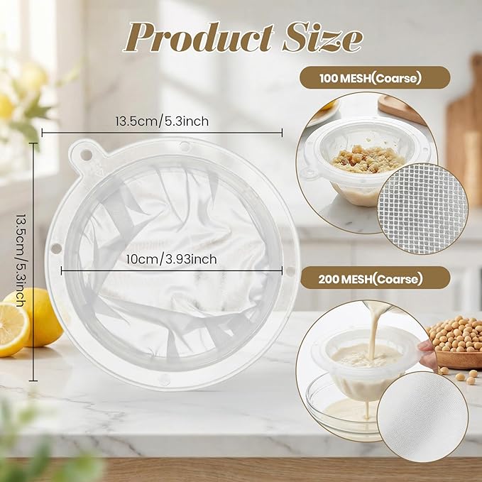 WMKGG 4PCS Fine Mesh Strainer, 5 Inch plastic strainer for Oils, Juice, Wine, Coffee, Milk, Tea, Powder,Nut Milk,Honey(200+100 Mesh)