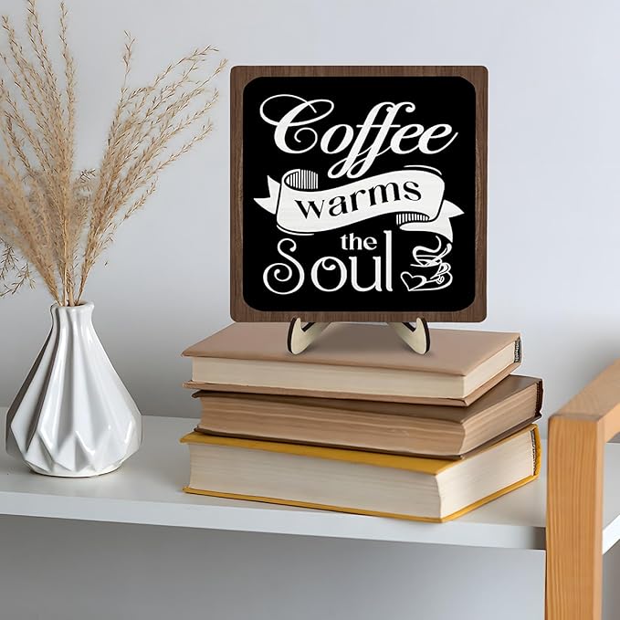 Coffee Bar Sign Plaque, Vintage Café Decor for Kitchen, Rustic Farmhouse Cafe Accessories, Themed Wall Sign for Home - Coffee Warms the Soul - Gift Idea (Black&Brown4, 5.9x5.9inches)