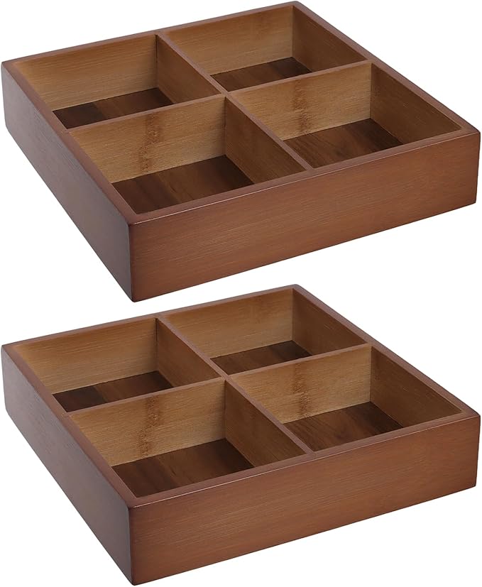 FUNSUEI 2 PCS Multi Compartment Wooden Tray, Divided Wooden Tray, Square Bamboo Trays with 4 Sections, Bamboo Divided Serving Trays Storage Box for Snacks Appetizers, 9 x 9 x 1.77 Inch