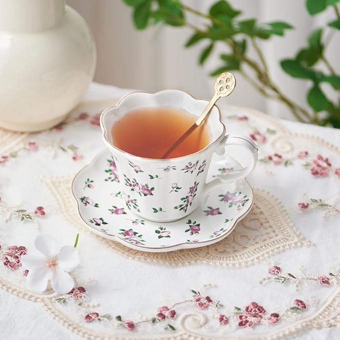 Floral Tea Cups and Saucers, 6oz Ceramic Teacup Set of 4, Elegant Scalloped Edge Coffee Cups for Latte, Cappuccino, Espresso, Rose Tea Cups for Tea Parties, Women Gifts for Mother's Day, Spring Decor